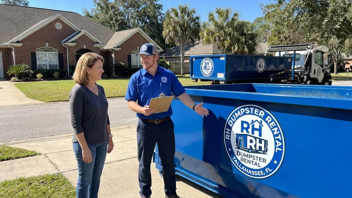 Dumpster rental in Tallahassee, FL RH Dumpster Rental roll-off dumpster being delivered to a Tallahassee, Florida driveway